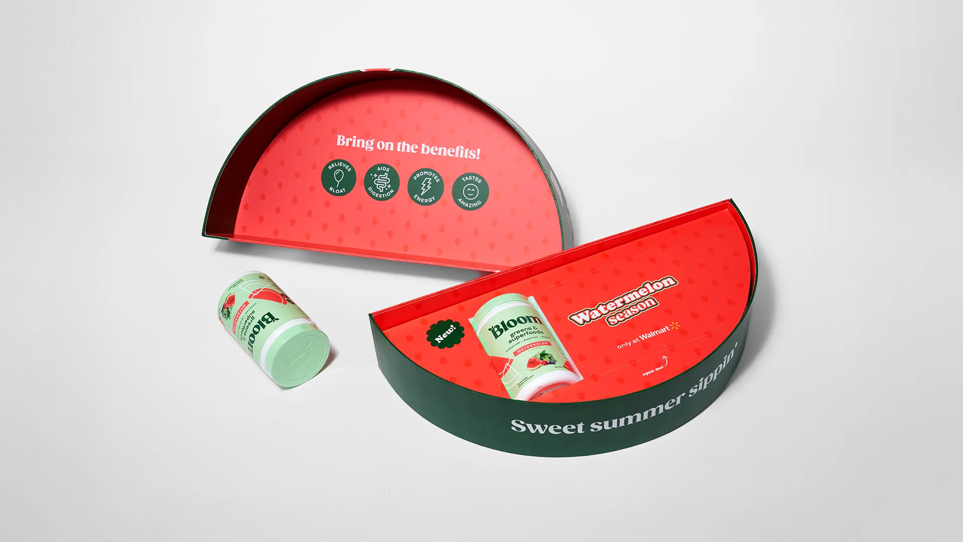 packaging showcasing bloom's supplement in a watermelon shaped box