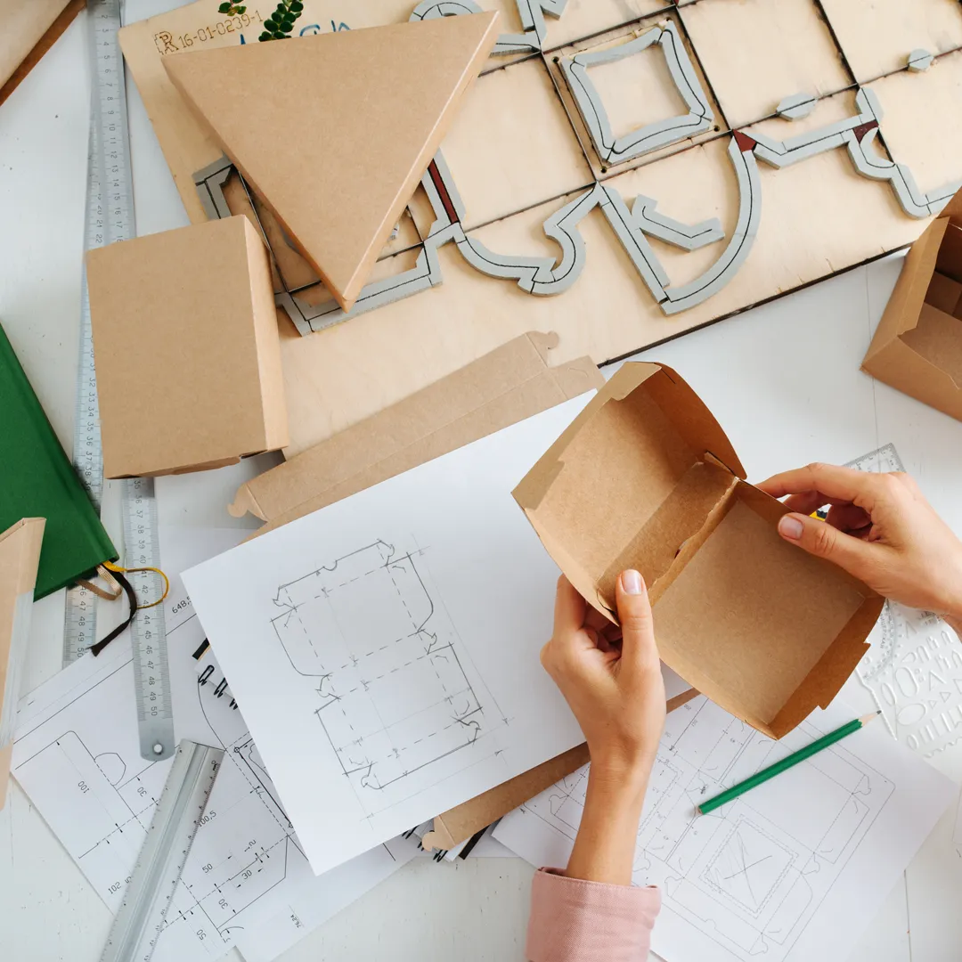 an image of a worker folding and prototyping box packaging