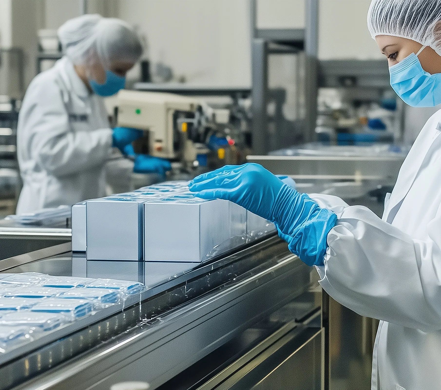 a worker in a mask, lab coat, and hair covering examining plastic packaging