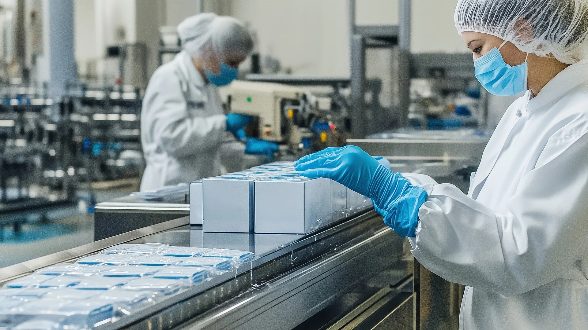 a worker in a mask, lab coat, and hair covering examining plastic packaging