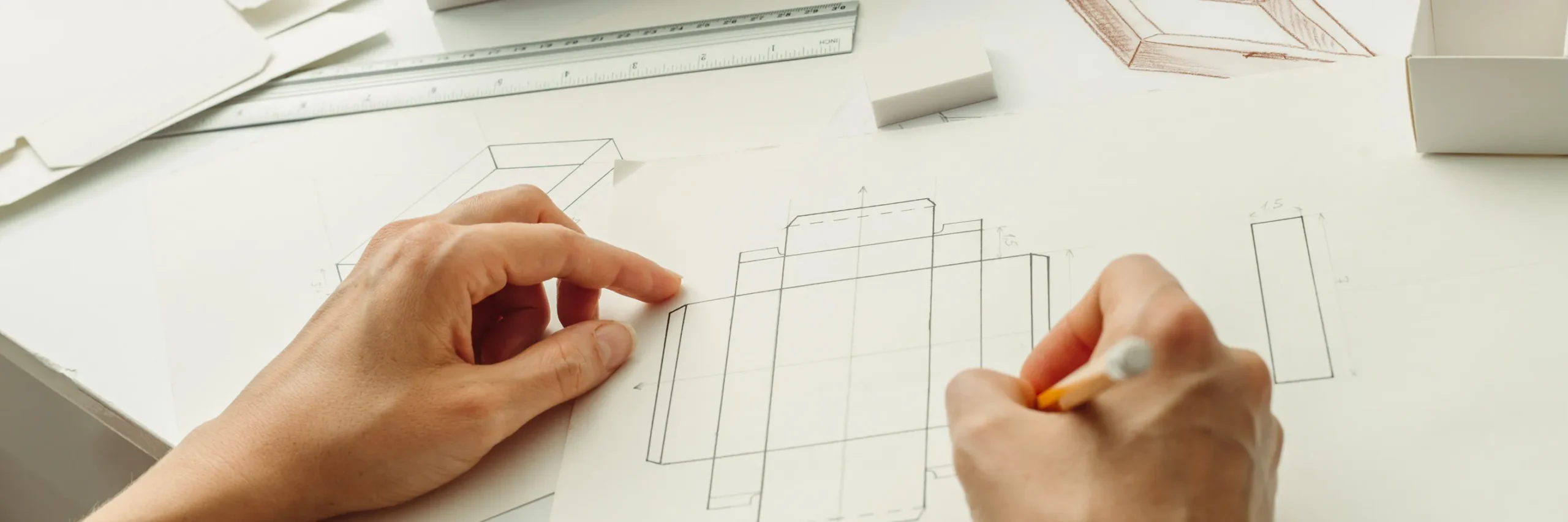 an image of a worker drawing up a blueprint of carton packaging