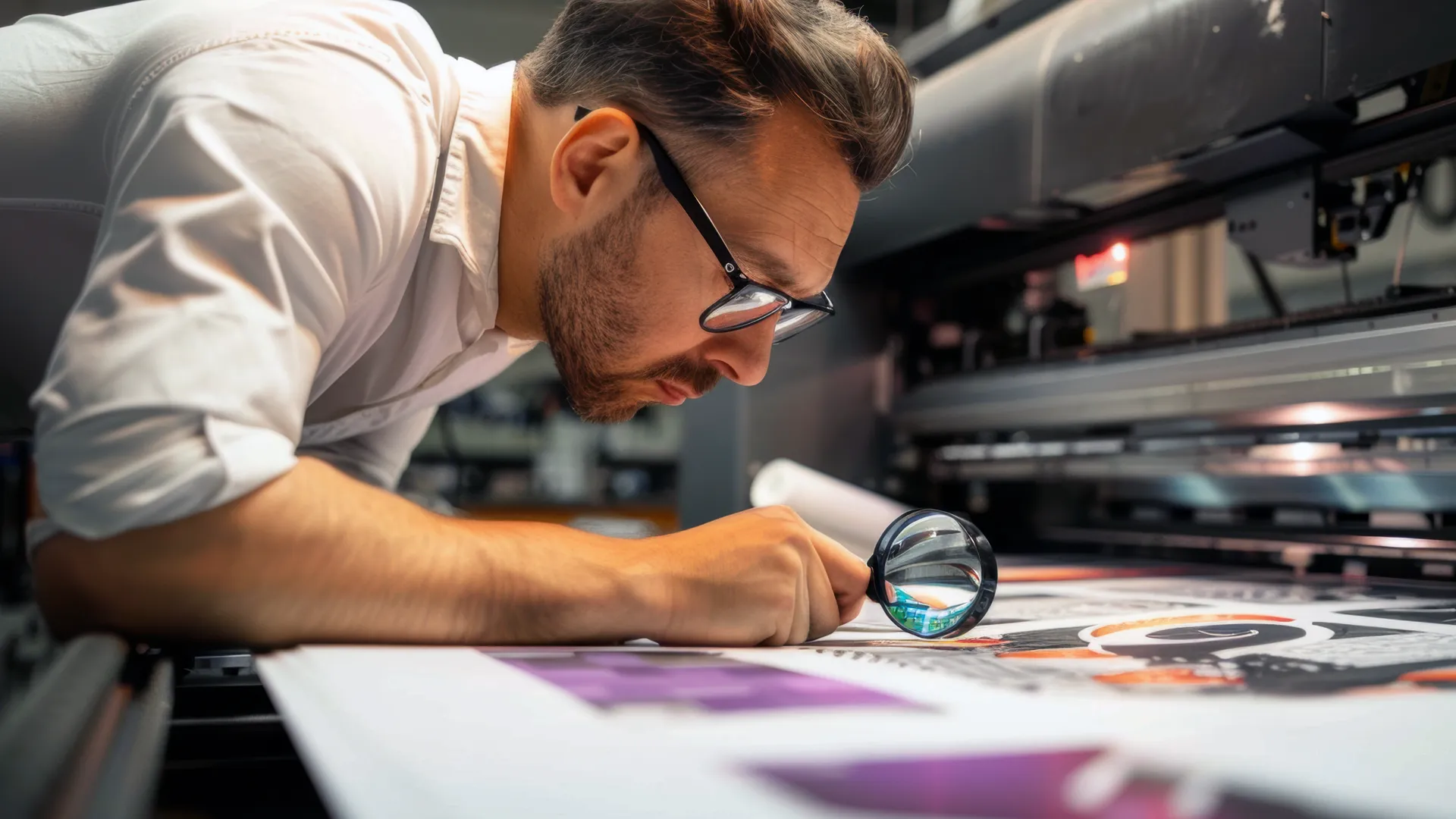 an image of a worker at an industrial workspace using a magnifying glass while looking at blueprints